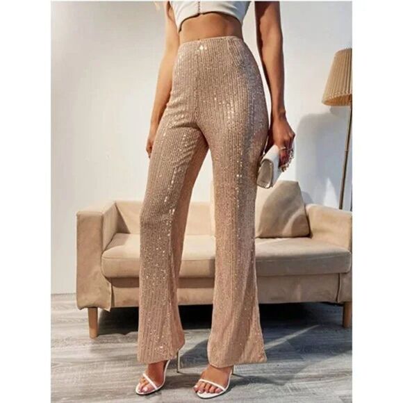 Champagne Gold Sequin High Waist Elastic Flare Bell Bottom Palazzo Trouser Pants - Picture 1 of 8